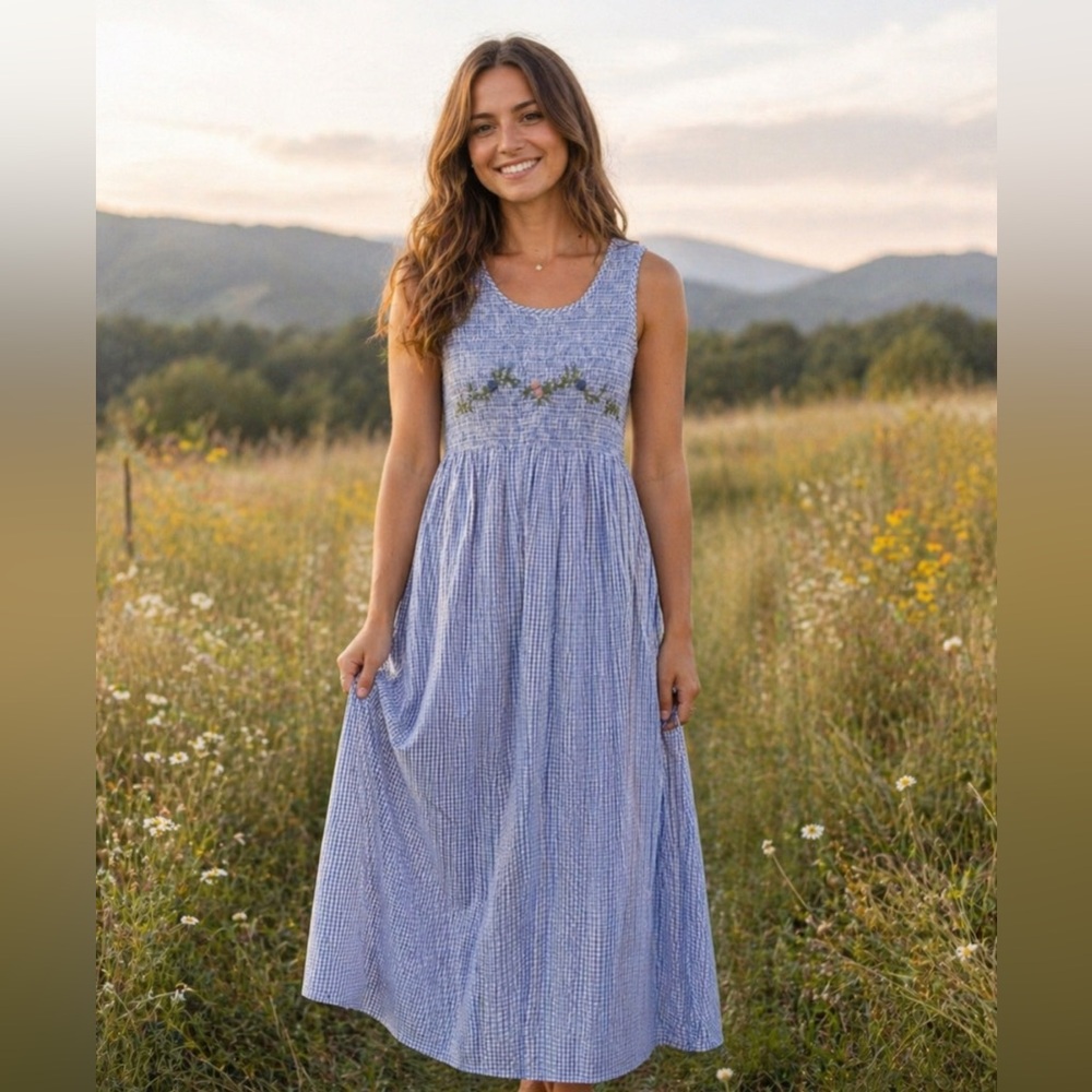 Vintage April Cornell Blue Gingham Smocked Maxi Dress with Floral Embroidery
